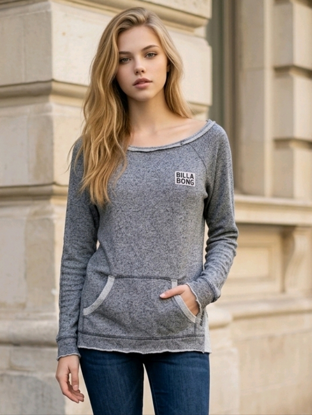 Billabong French Terry Sweatshirt Gray Boat Neck Kangaroo Pocket Juniors Medium